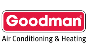 The Goodman logo with "Goodman" in white text on a red rectangle above black text reading "Air Conditioning & Heating" on a white background.
