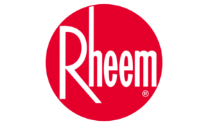 Rheem logo with the word "Rheem" in white stylized text inside a solid red circle.