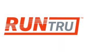 RUNTRU logo with "RUN" in bold, orange, horizontal-striped letters and "TRU" in solid gray letters, both enclosed in an orange rectangular outline.