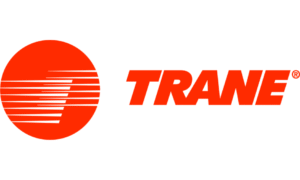 The logo features a red circle with horizontal white lines and the word "TRANE" in bold red uppercase letters to the right.